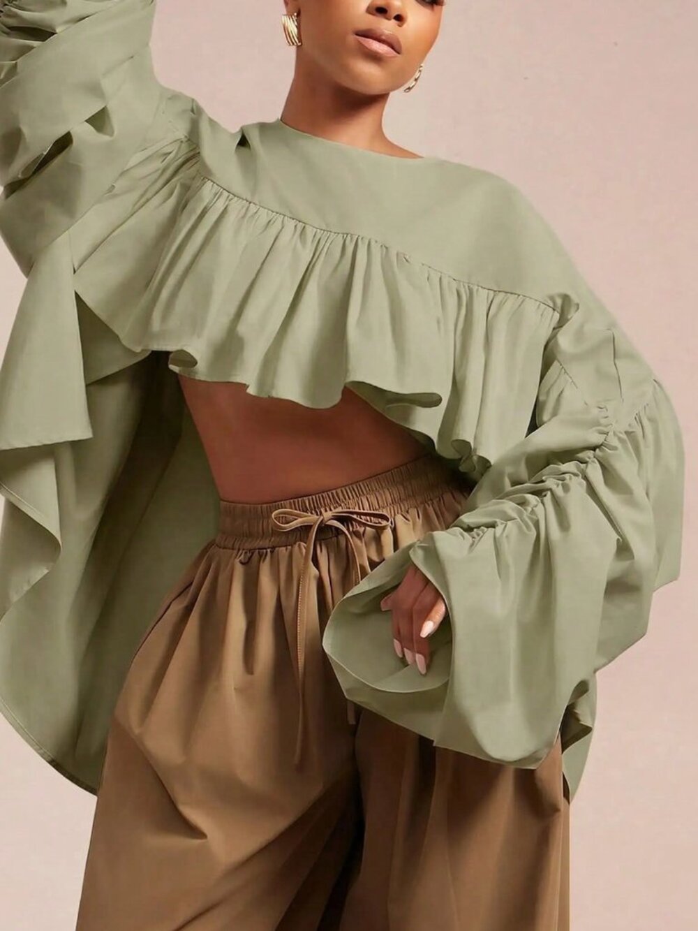 Green Casual Women's Asymmetrical Ruffle Flare-Sleeve Round-Neck Peplum Top
